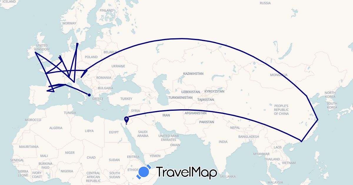 TravelMap itinerary: driving in Austria, Switzerland, China, Denmark, Spain, France, Hong Kong, Ireland, Israel, Italy, Jordan, Monaco, Netherlands, Sweden, Slovenia, Slovakia (Asia, Europe)